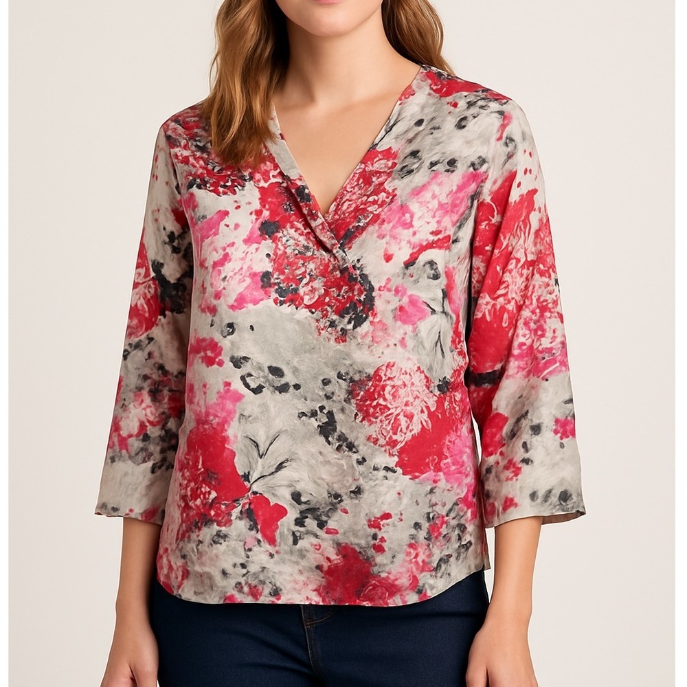 Pendleton‎ Silk Blend Blouse Pink Gray Floral V-Neck 3/4 Sleeve Lightweight Top